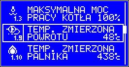 Jeśli obieg grzewczy wyposażony jest w pompę mieszającą i czujnik temperatury powrotu, opcja ta umożliwia podgląd zmierzonej temperatury wody powrotnej. W innym przypadku opcja ta jest niedostępna.