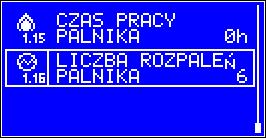 Wskazania liczników nie mogą być skasowane. 1.15 Czas pracy palnika. Wskazanie tego licznika określa czas pracy palnika.