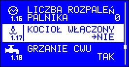 Parametr ten informuje czy włączone jest grzanie CWU i pozwala na załączenie lub wyłączenie grzania CWU. 1.19 Wyczyść alarmy.