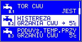 8.1 Tryb pracy toru CWU ustawienie tego parametru na wartość BRAK wyłącza obieg CWU. W takim przypadku wejście czujnika temperatury oraz wyjście sterujące pompą mogą zostać niepodłączone.