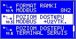 10.5 Poziom dostępu MODBUS określa w jakim stopniu sterownik udostępnia możliwość konfiguracji parametrów przez protokół ModBus. BRAK sterownik nie udostępnia żadnych parametrów.