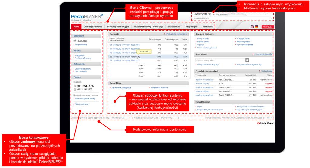 Poniżej przedstawiamy ogólny opis wyglądu strony systemu PekaoBIZNES 24.