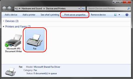 przykład Faks), a następnie kliknij opcję Print Server Properties ( Właściwości serwera wydruku ) na pasku