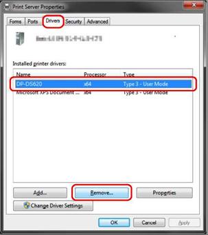 5) Zostanie wyświetlone okno dialogowe Print Server Properties (Właściwości serwera wydruku). Kliknij kartę Drivers (Sterowniki).