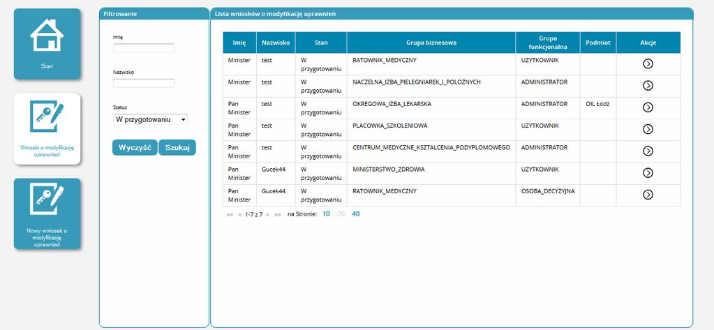 Rysunek 8. Lista wniosków o modyfikację uprawnień 3.