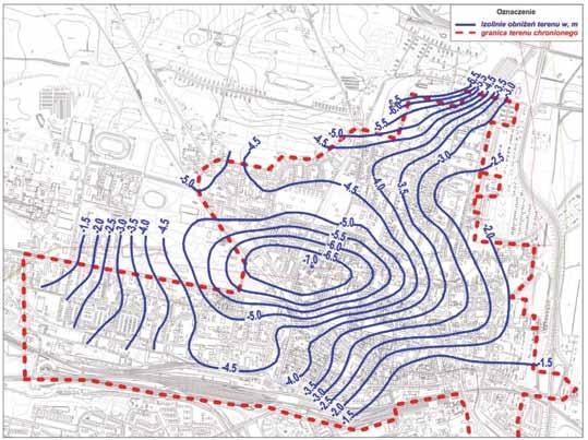 Nr 5 PRZEGLĄD GÓRNICZY 39 Rys. 6. Izolinie pomierzonych obniżeń terenu chronionego śródmieścia Bytomia za okres lat 1949 2012 Fig. 6. Isolines of measured subsidence for the protected area of the city centre of Bytom for the years 1949 2012 Rys.