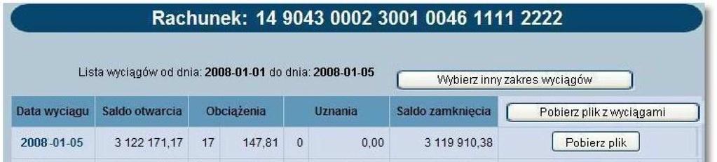 czasowego. Po wybraniu listy, przy rachunku wyświetlone zostanie okno: W oknie tym należy określić zakres listy wyciągów.