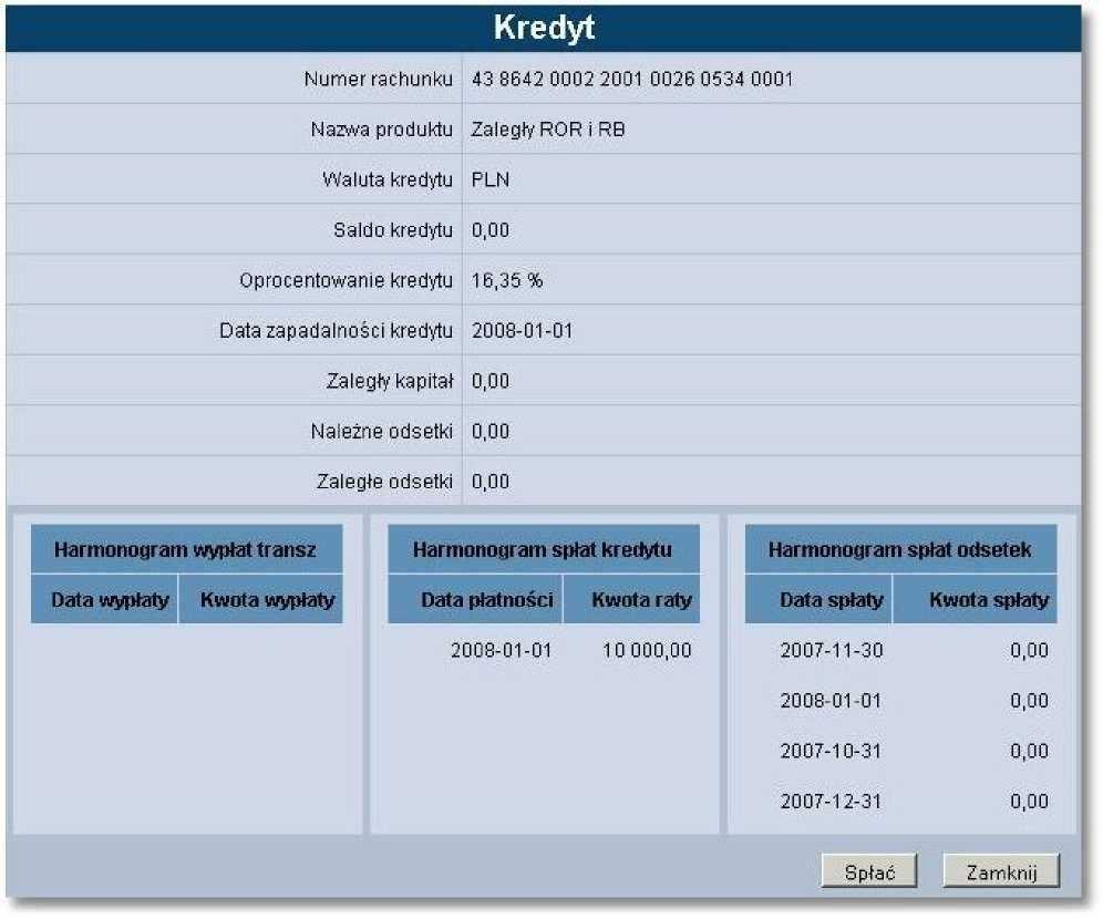 Informacje dostępne w tym oknie to: Numer rachunku - numer konta kredytu (kapitału), Nazwa produktu - nazwa rodzaju kredytu, Waluta kredytu - waluta, w jakiej został udzielony kredyt, Saldo kredytu -