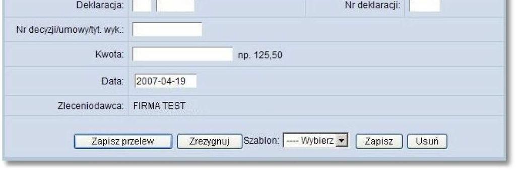 Otwarte zostanie okno: Należy wprowadzić następujące dane: Referencje - w polu tym można wpisać dowolne literowe i/lub cyfrowe oznaczenie przelewu np. Przelew_ZUS_51.