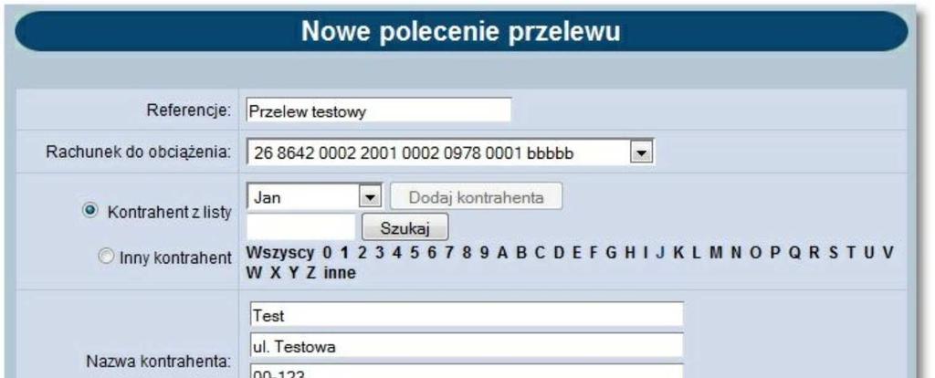 Nowy przelew pole Tytułem W opcji Nowy przelew