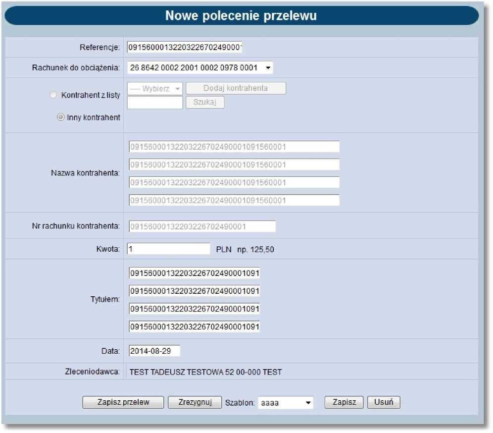 zdefiniowanego szablonu lub odbiorcy system podstawia na formularzu przelewu dane zgodnie z wskazanym szablonem lub odbiorcą.