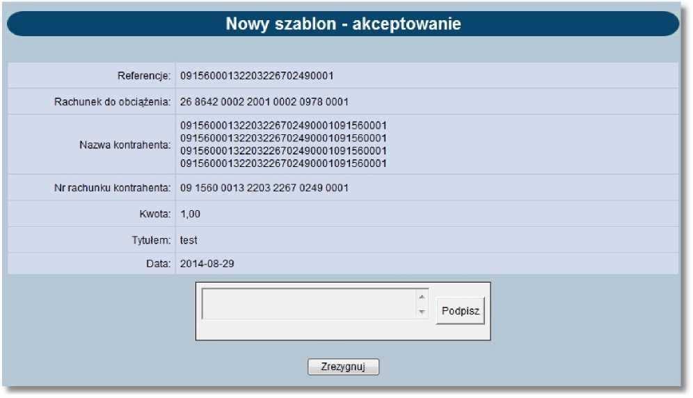 Zablokowane do edycji są pola: dla przelewu zwykłego: Nazwa kontrahenta, Nr rachunku kontrahenta, dla przelewu zagranicznego: Nazwa kontrahenta, Nr rachunku kontrahenta, Kod SWIFT, dla przelewu US: