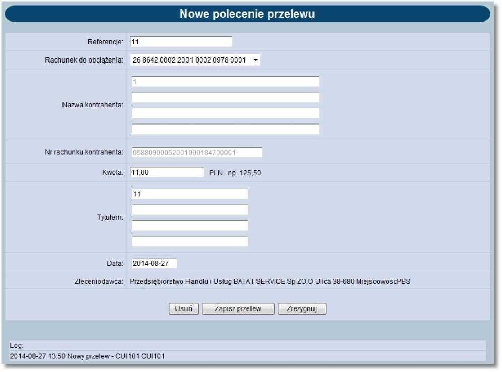 Dodatkowo dla przelewu zwykłego, zagranicznego ZUS lub US przy próbie dodania nowego lub edycji szablonu (po podaniu jego nazwy) prezentowany jest formularz autoryzacji aktualnie przypisaną metodą