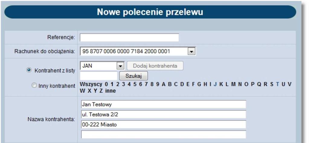 Zapisanie przelewu z poziomu kartoteki kontrahentów przy użyciu