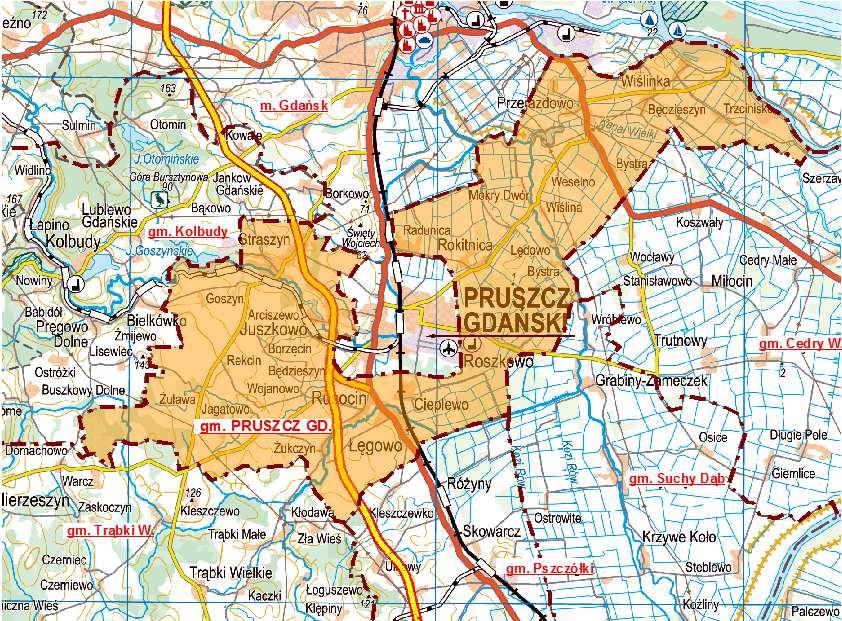9 Rys nr II.1. Położenie i sąsiedztwo gminy Pruszcz Gdański. Strukturę gminy tworzą 33 miejscowości skupione w 31 sołectwach. Gmina zajmuje obszar 14380 ha, w tym: - użytki rolne ok.
