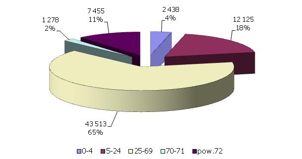 Rys.8. Struktura wiekowa mieszkańców Pabianic stan na 31 grudnia 2012 r. Źródło: Opracowanie własne na podstawie danych Urzędu Miejskiego w Pabianicach.