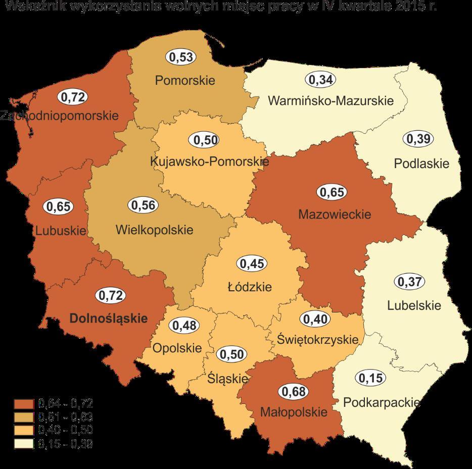 Rys.2 Wskaźnik wykorzystania wolnych miejsc pracy. 3. Nowo utworzone miejsca pracy W ciągu 2015 roku powstało 47,9 tys.