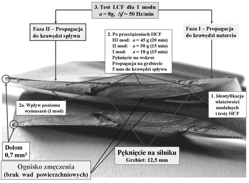 8.3.4.4. Identyfikacja symptomów zmęczenia materiału Identyfikację narastającego zmęczenia materiału łopatek realizowano podczas testów LCF i HCF.