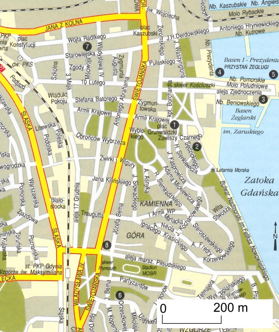 Ryc. 11. Układ urbanistyczny Gdyni. wg. Kwiatek J., Lijewski T., 1998, Leksykon Miast Polskich, Muza S.A., Warszawa: 1103 ss. 1. Teatr Muzyczny, 2. Muzeum Marynarki Wojennej, 3.