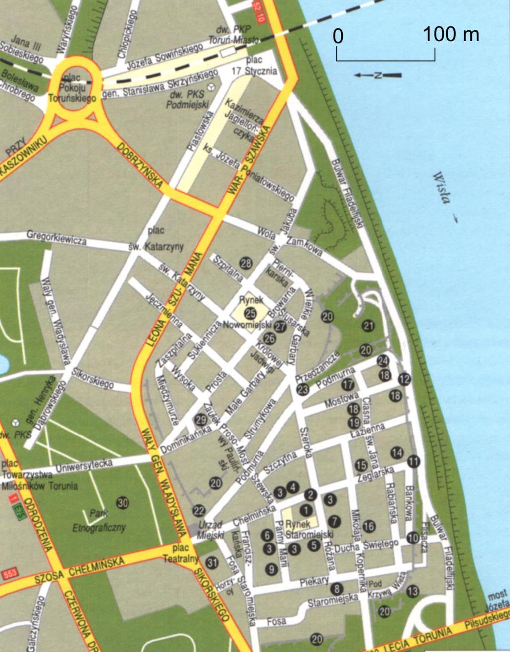 Ryc. 15. Plan pieszej trasy miejskiej w Toruniu wg. Kwiatek J., Lijewski T., 1998, Leksykon Miast Polskich, Muza S.A., Warszawa: 1103 ss. 1. Ratusz 2. Pomnik Mikołaja Kopernika, 3.