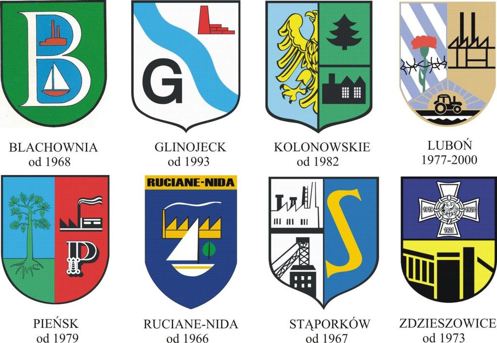 Same kominy fabryczne przedstawiono w herbach Janikowa, Kazimierza Górniczego, Myszkowa, Stalowej Woli i Żyrardowa.