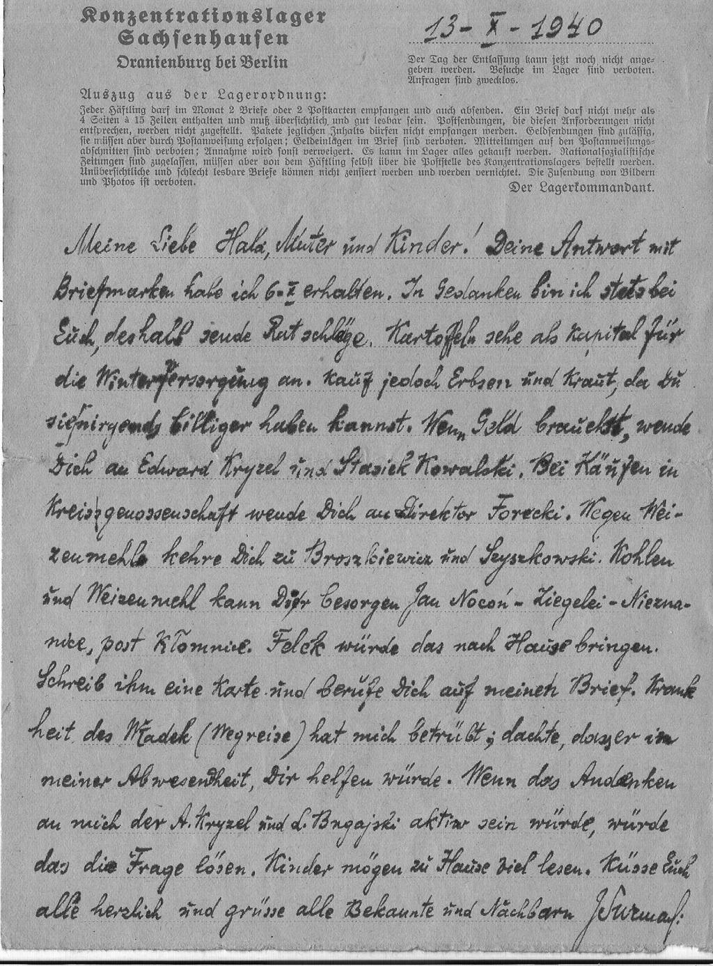Juliusz Surmacki (1892 1942). Listy z obozu w Oranienburgu 13 X 1940 Moja kochana Hala, matko i dzieci! Twoją odpowiedź wraz ze znaczkami otrzymałem 6 X.