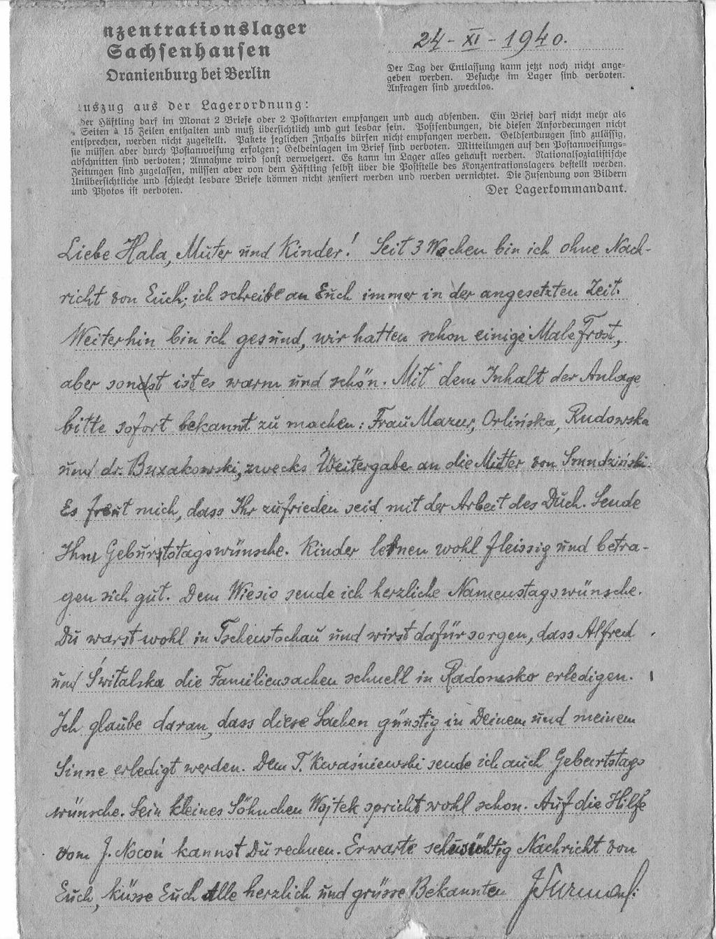 Juliusz Surmacki (1892 1942). Listy z obozu w Oranienburgu 24 XI 1940 Kochana Hala, matko i dzieci! Od trzech tygodni czekam na wiadomości od was. Zawsze piszę do was we wskazanym czasie.