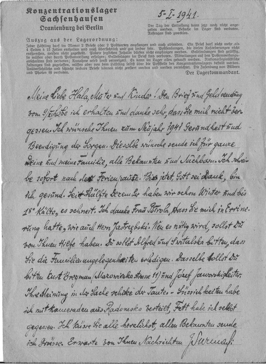 Juliusz Surmacki (1892 1942). Listy z obozu w Oranienburgu 19 I 1941 Kochana Hala, matko i dzieci! Mój list 5 I, który wyjaśniał spóźnienie, już otrzymałaś. Jestem dzięki Bogu dalej zdrowy.