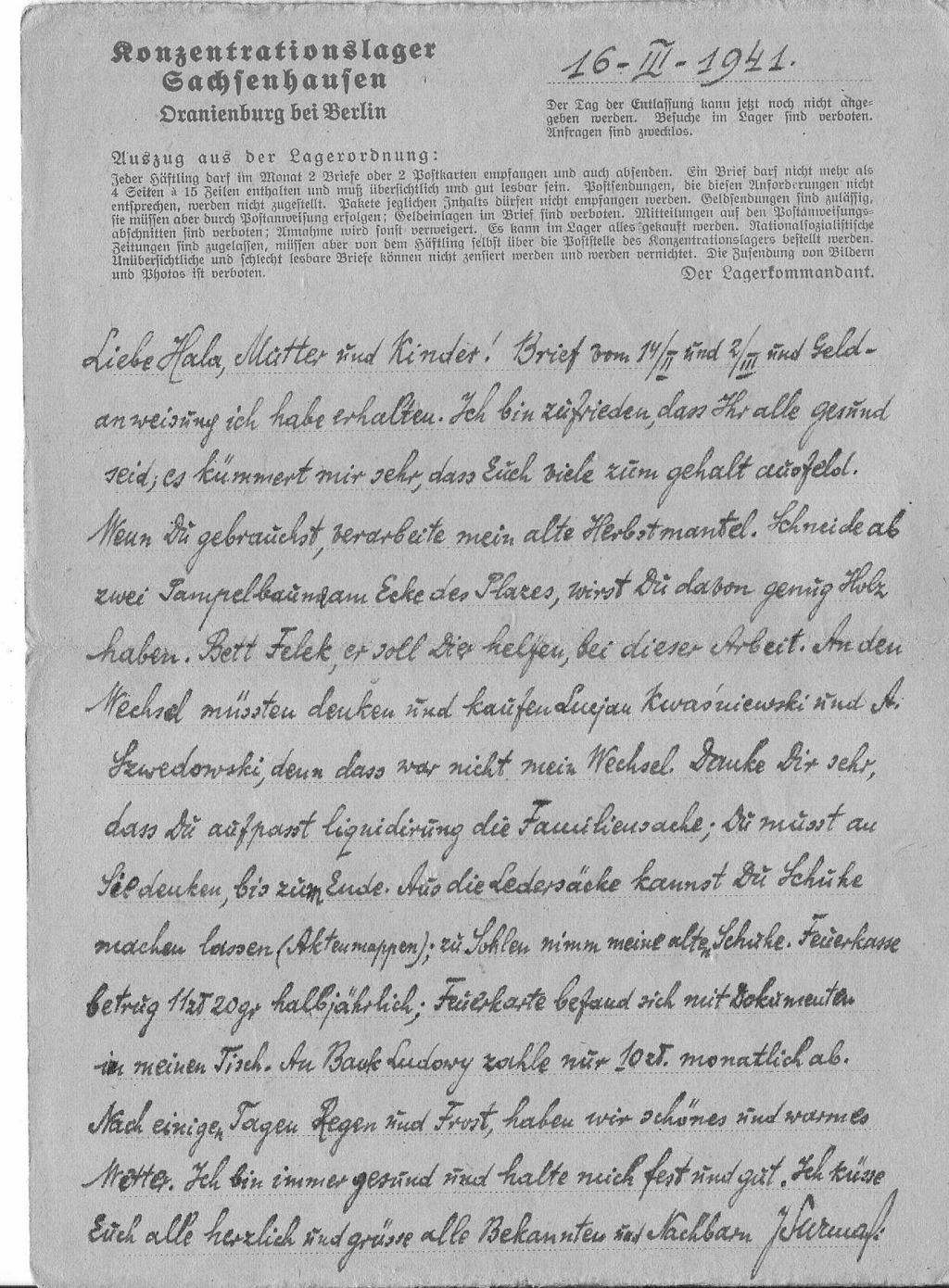 Juliusz Surmacki (1892 1942). Listy z obozu w Oranienburgu 30 III 1941 Kochana Hala, matko i dzieci! List z 26 III otrzymałem wczoraj. Wasze życzenia bardzo mnie ucieszyły.