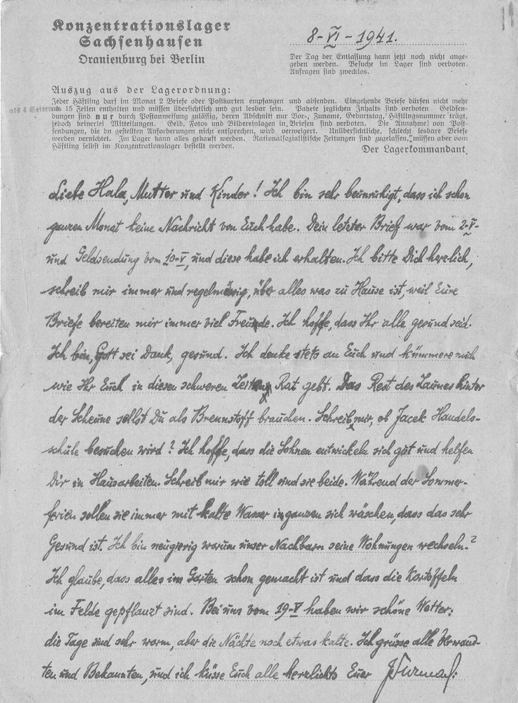 Alicja Surmacka 8 VI 1941 Kochana Hala, matko i dzieci! Jestem bardzo zaniepokojony, że już od miesiąca nie dostałem żadnych wiadomości od was.