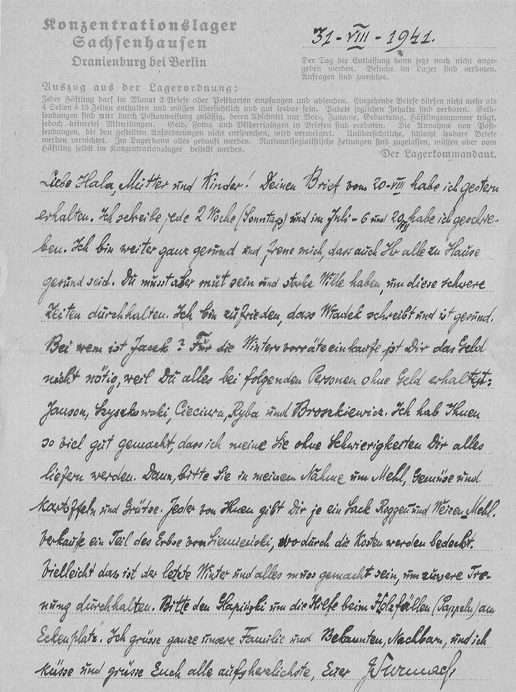Juliusz Surmacki (1892 1942). Listy z obozu w Oranienburgu 31 VIII 1941 Kochana Hala, matko i dzieci! List z 20 VIII otrzymałem wczoraj.