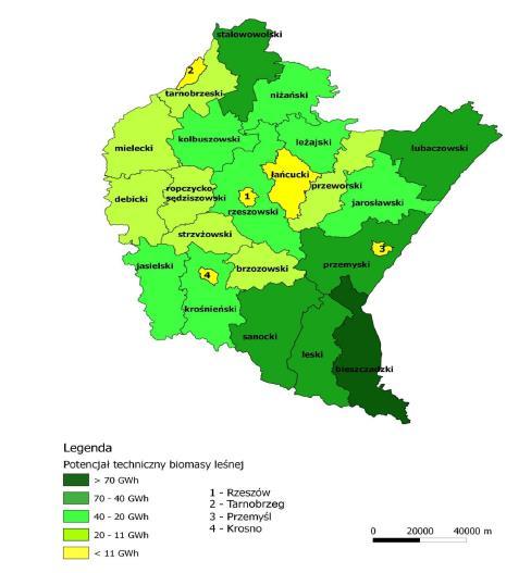 Rysunek 13. Potencjał techniczny biomasy leśnej w województwie podkarpackim.
