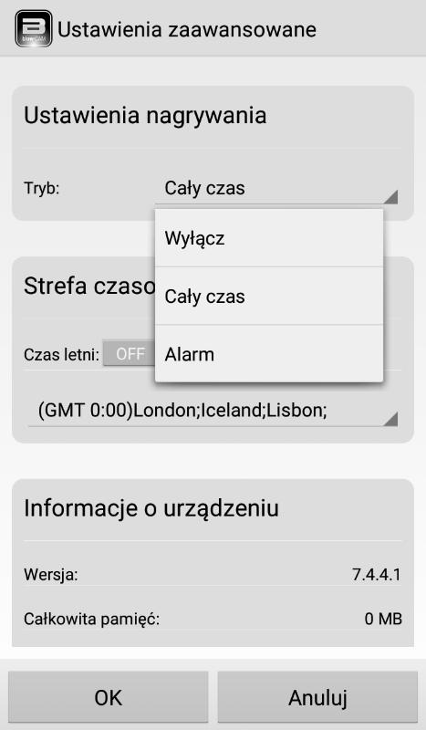 Wyłącz (wyłączenie nagrywania), Cały czas (ciągłe nagrywanie w trybie dwudziestoczterogodzinnym), Alarm