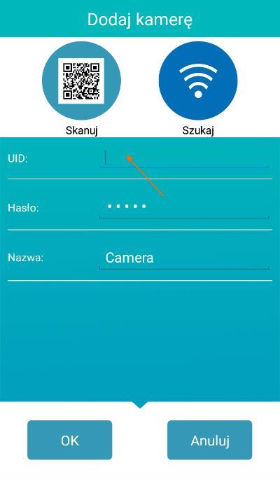 2. Kamerę wi Fi możemy dodać: Skanując unikatowy numer UID kamery z jej obudowy kliknij Skanuj (rys. 2.