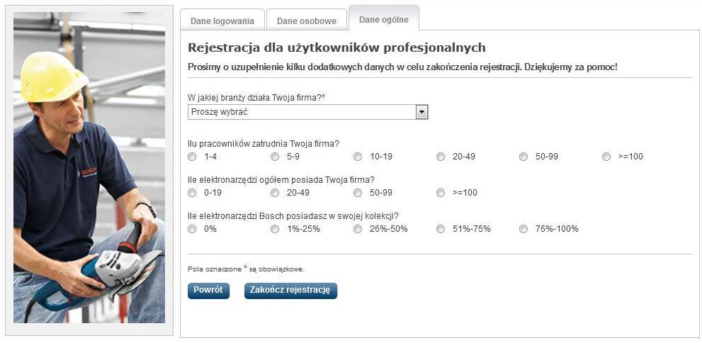 W kolejnej zakładce użytkownik profesjonalny musi podać kilka