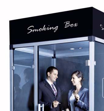 Zastosowanie SMOKING BOX jest wydzieloną przestrzenią w postaci kabiny dla palących, która zapewnia nałogowym palaczom warunki bezstresowego palenia w higienicznych warunkach.