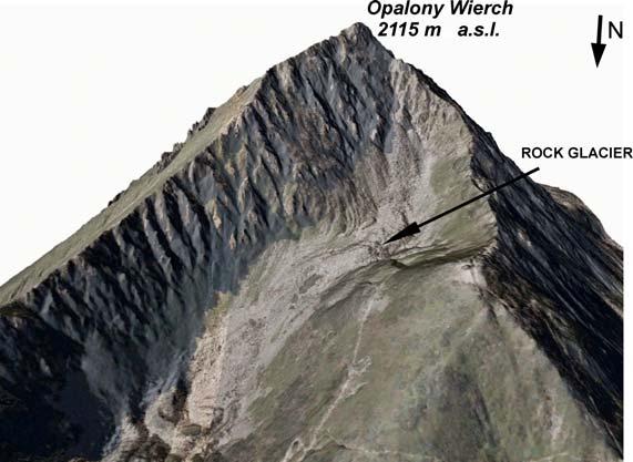 9 Fig. 3. The rock glacier in the Świstówka Roztocka valley of the Kozi Wierch peak (2291 m a.s.l.), the Czarne Ściany peaks, the Granaty peaks and the Buczynowe Turnie peaks.