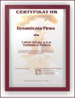 CERTYFIKAT HR DYNAMICZNA FIRMA Certyfikat HR Dynamiczna Firma to wyróżnienie dla w oparciu o dynamiczny rozwój zasobów ludzkich.