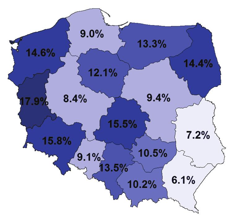 Ubóstwo energetyczne w Polsce diagnoza i rekomendacje 6 Gdzie jest skoncentrowane? Zagrożenie ubóstwem energetycznym jest silnie zróżnicowane przestrzennie.