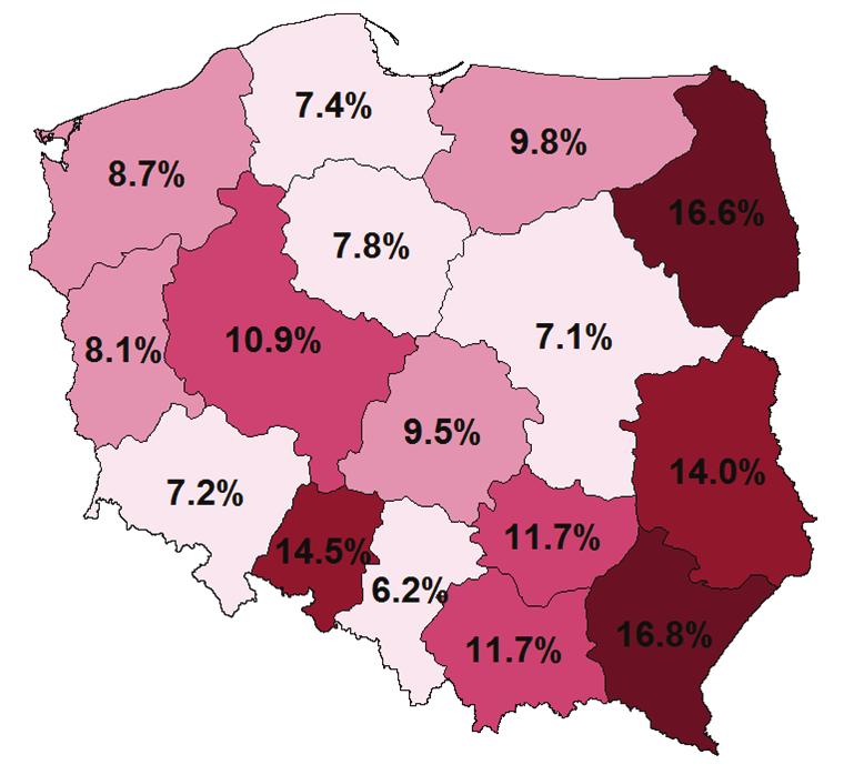 Problem zbyt wysokich kosztów energii w porównaniu do dochodów (miara obiektywna LIHC) koncentruje się we wschodniej Polsce, a problem niedogrzanych mieszkań (miara subiektywna) w województwach