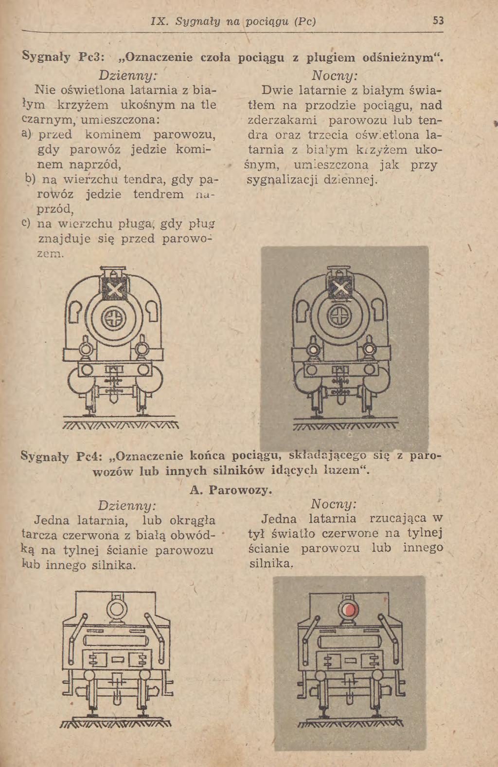IX. Sygnały na pociągu (Pc) 53 Sygnały Pc3: Oznaczenie czoła Dzienny: Nie oświetlona latarnia z białym krzyżem ukośnym na tle czarnym, umieszczona: a) przed kominem parowozu, gdy parowóz jedzie