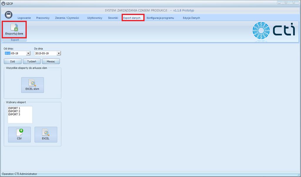 10. Eksport danych Wybierając z górnego menu zakładkę Export danych można dokonać eksportu listy do pliku CSV lub MS EXCEL: W pierwszej kolejności należy określić odcinek czasu, z którego zostaną