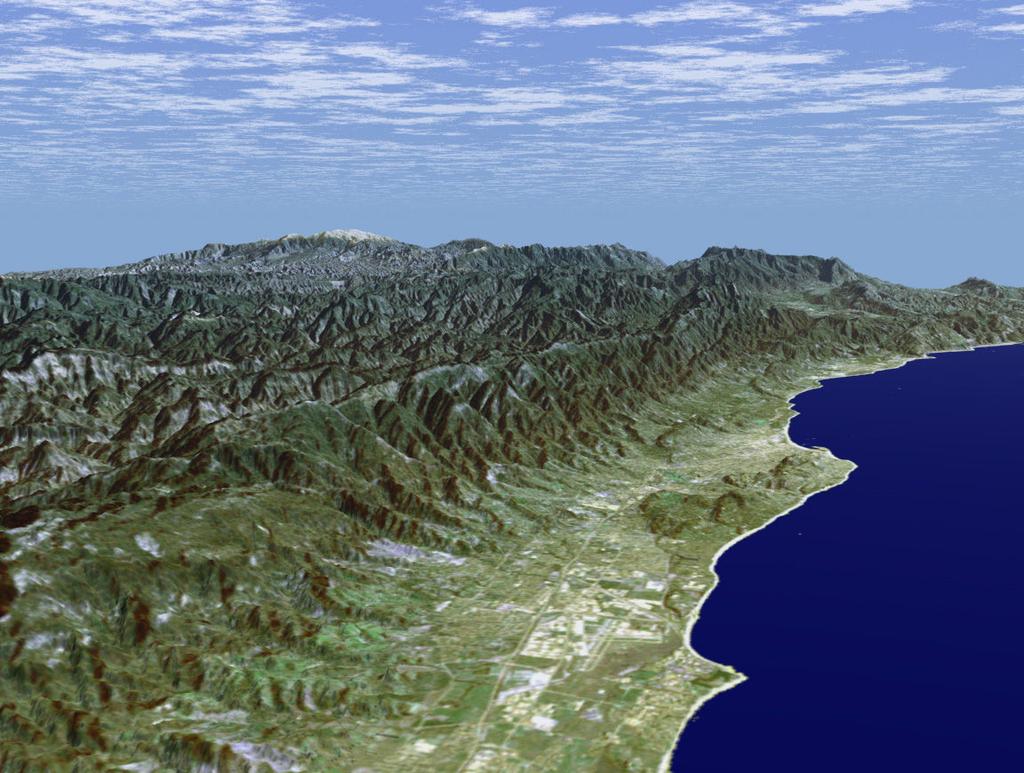 POLA Przykład zjawisk o charakterze ciągłym Obraz regionusantabarbara w Kalifornii (USA) generowany na podstawie danych radarowych SRTM (Shuttle Radar Topography Mission) z nałożonym modyfikowanym