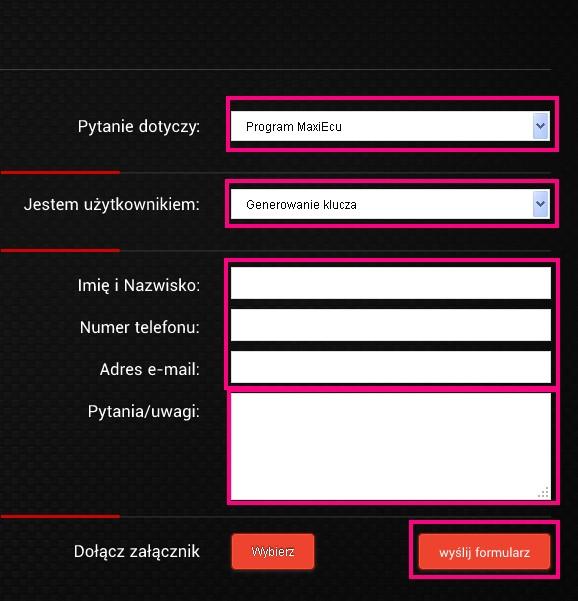 3.1.3 Formularz kontaktowy Na podstawie informacji uzyskanych z interfejsu diagnostycznego lub komputera zostaną wygenerowane indywidualne dane rejestracyjne, które należy przesłać po przez formularz