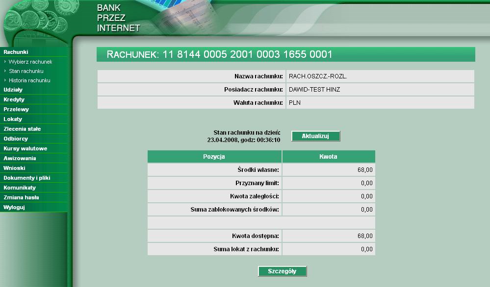 UWAGA: Stan rachunku jest aktualizowany każdego dnia automatycznie oraz na żądanie po wybraniu przycisku Aktualizuj.