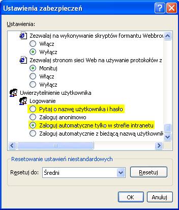 5. W sekcji Uwierzytelnianie użytkownika zaznaczyć jedną z