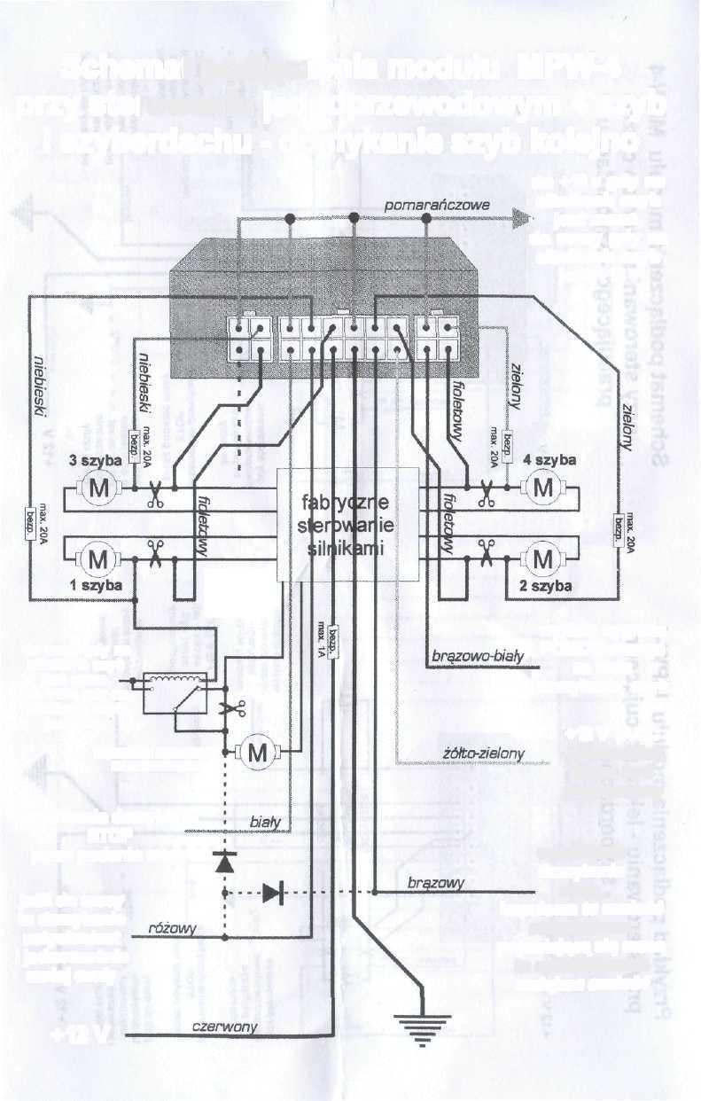 Schemat podłączenia modułu MPW-4 przy sterowaniu jednoprzewodowym 4 szyb i szyberdachu - domykanie szyb kolejno do +12 v gdy na jest masa, jest +12 v jest masa, do +12V gdy na Jest +12 v PRZEKAŹNIK