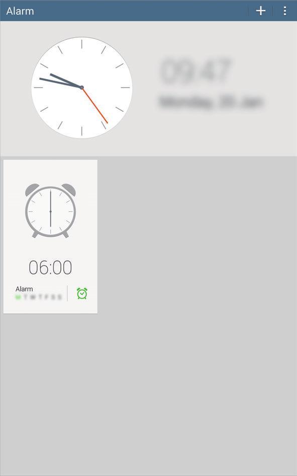 Narzędzia Alarm Ta aplikacja służy do ustawiania alarmów informujących o ważnych zdarzeniach. Dotknij Alarm na ekranie aplikacji. Włączanie lub wyłączanie tego alarmu.