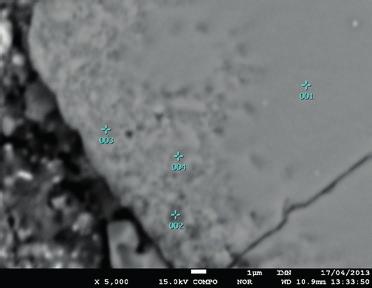 Fig. 7 Electron image (composition) of the sphalerite grain with the selected analysis points, magnification 5000x Rys.