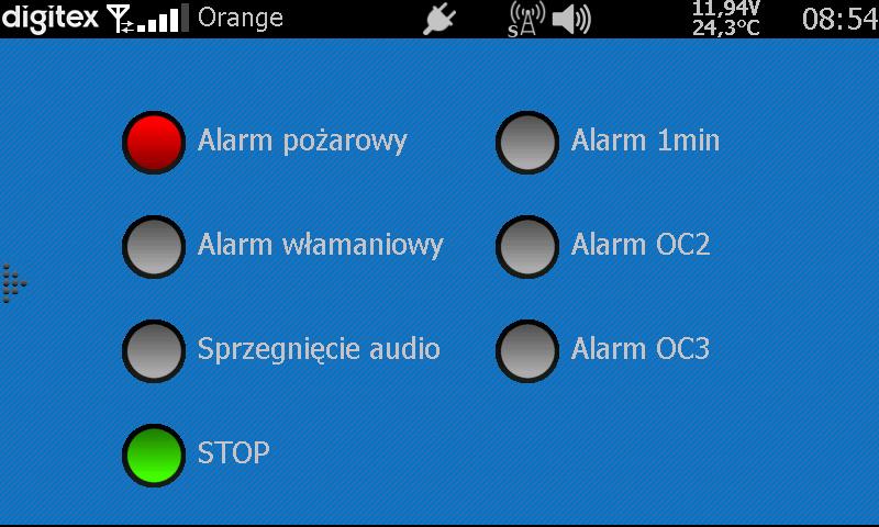 Ekran alarmów Aby wywołać jeden z alarmów należy nacisnąć odpowiedni przycisk. Rozpocznie to całą procedurę alarmu, tzn.